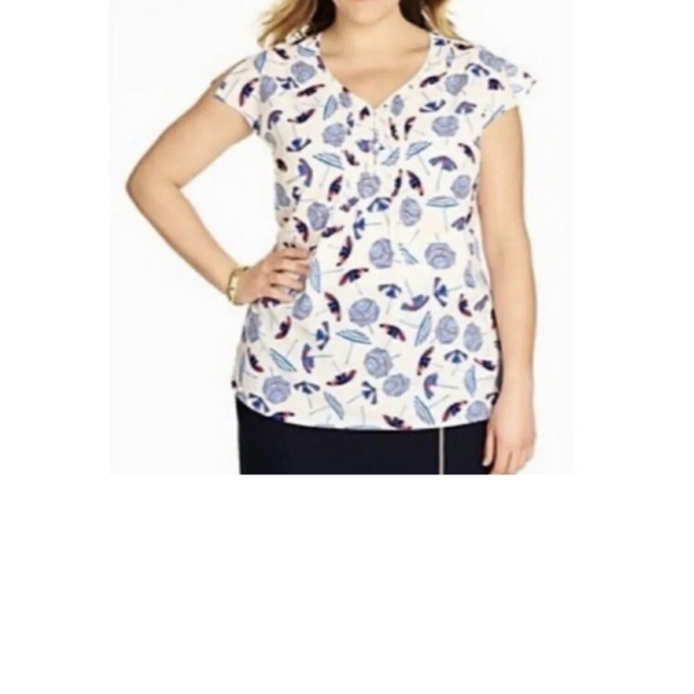 Talbots Beach Umbrella Split Red Blue Ivory Short Sleeve Top Size XL